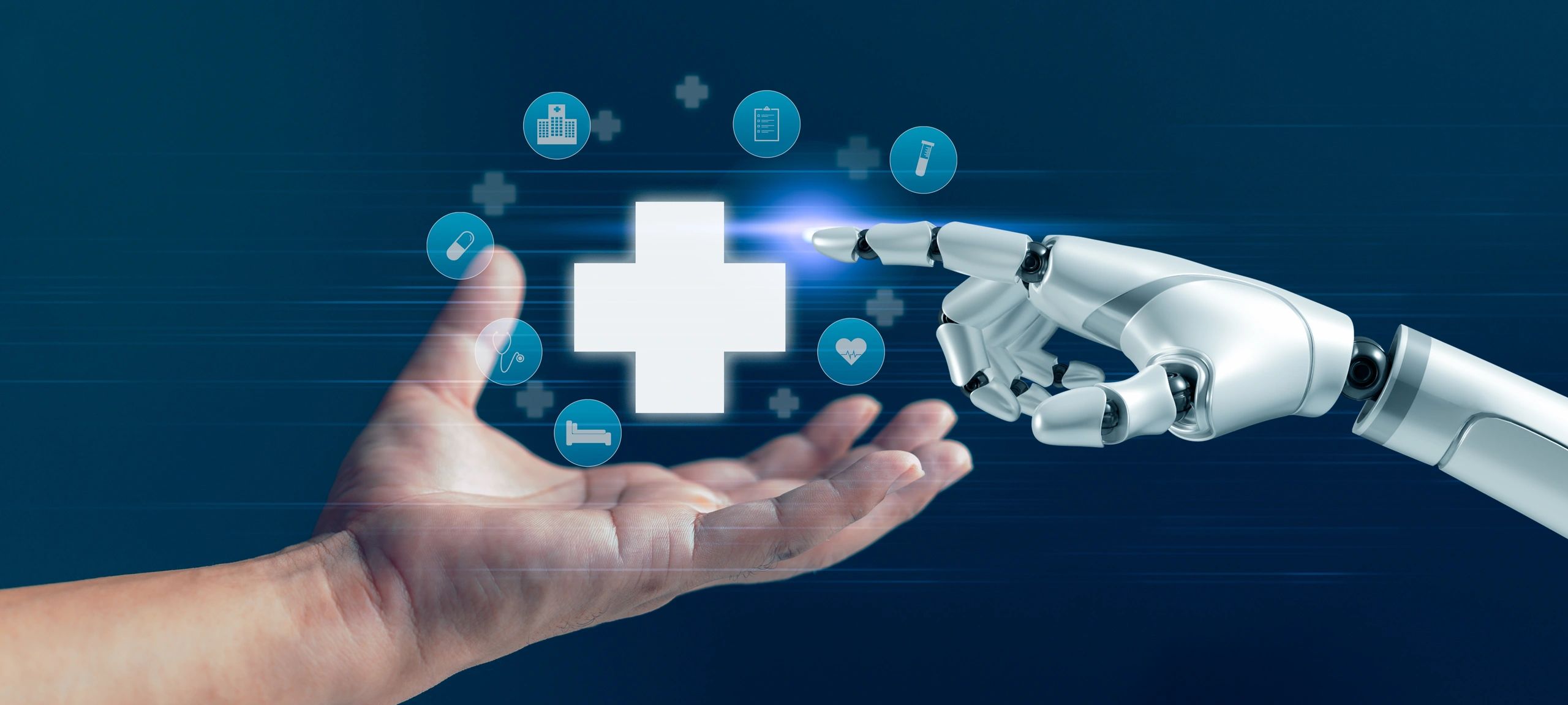 Human and robotic hands connecting over a digital healthcare interface