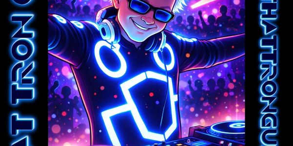 A neon-lit DJ with headphones performing at a vibrant party.
