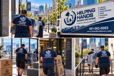 Helping Hands moving and maid service workers in action in an urban setting.