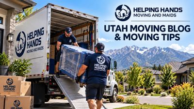Helping Hands movers loading a branded moving truck at a Utah home