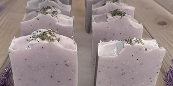 Two rows of Lavender Poppyseed soap bars.