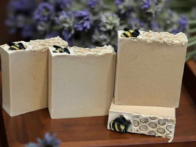 4 Handmade Oatmeal Honey Soap bars decorated with a cute bumble bee resting on a honey comb.