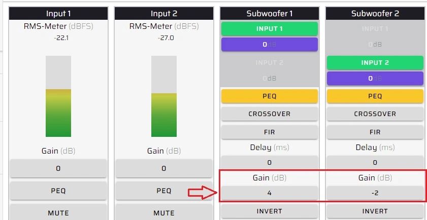 Diagram 17.  Setting relative subwoofer levels in the Device Console routing matrix