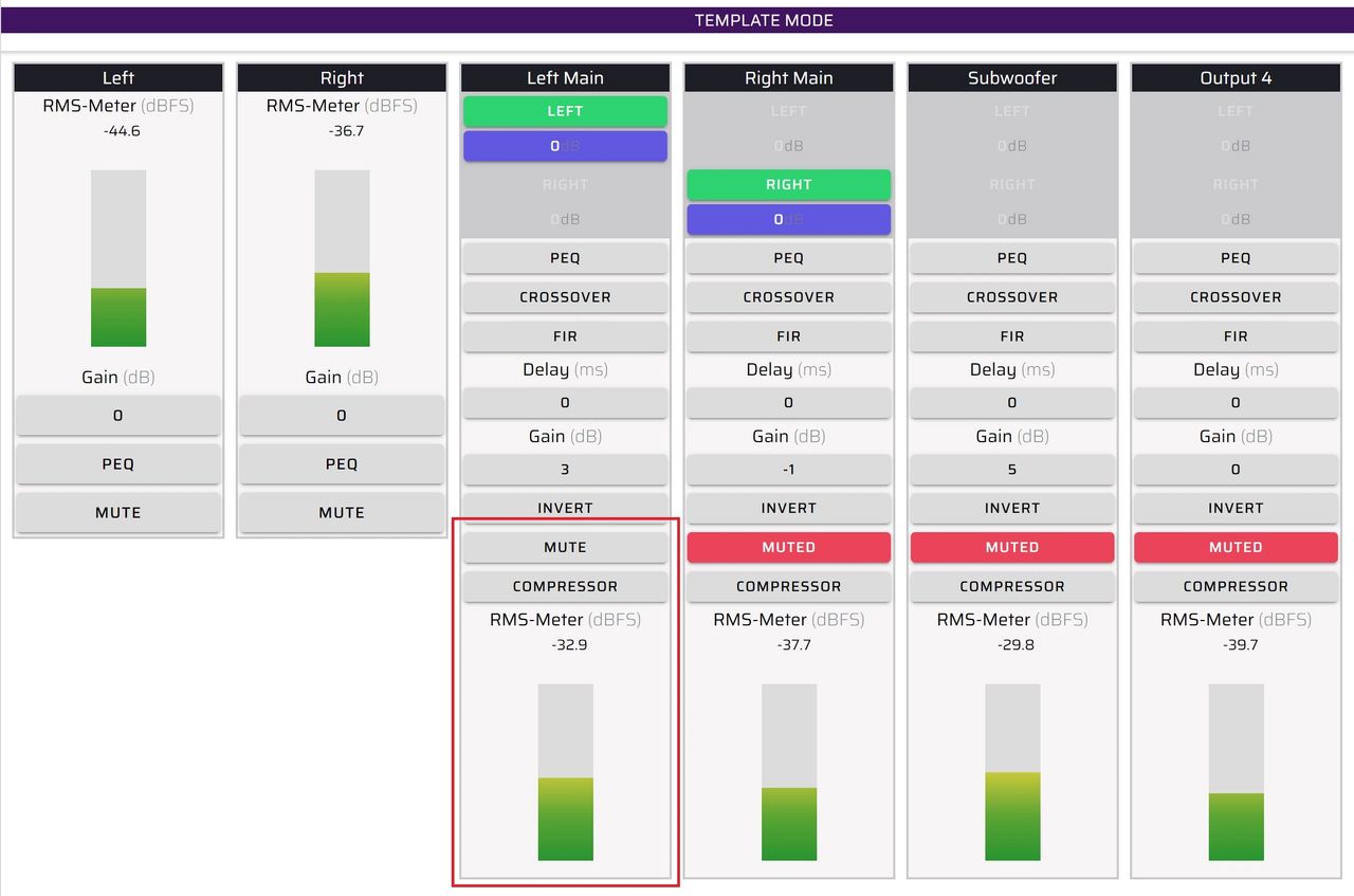 Diagram 5.  Using miniDSP Device Console, you can selectively mute the left speaker, right speaker and subwoofer. Here we are measuring only the right speaker.