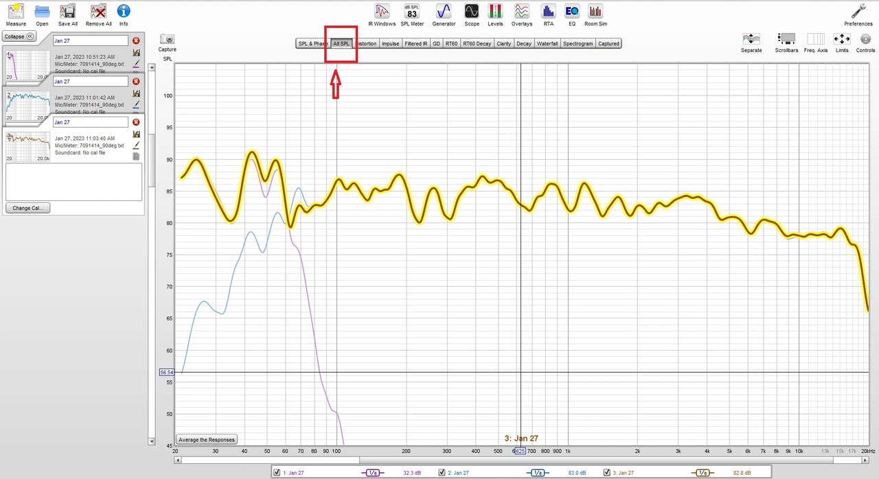 Diagram 7.  A system composite sweep with main speaker and subwoofer should be additive in the crossover region.  This also will show the formation of the classic Harman tilt.