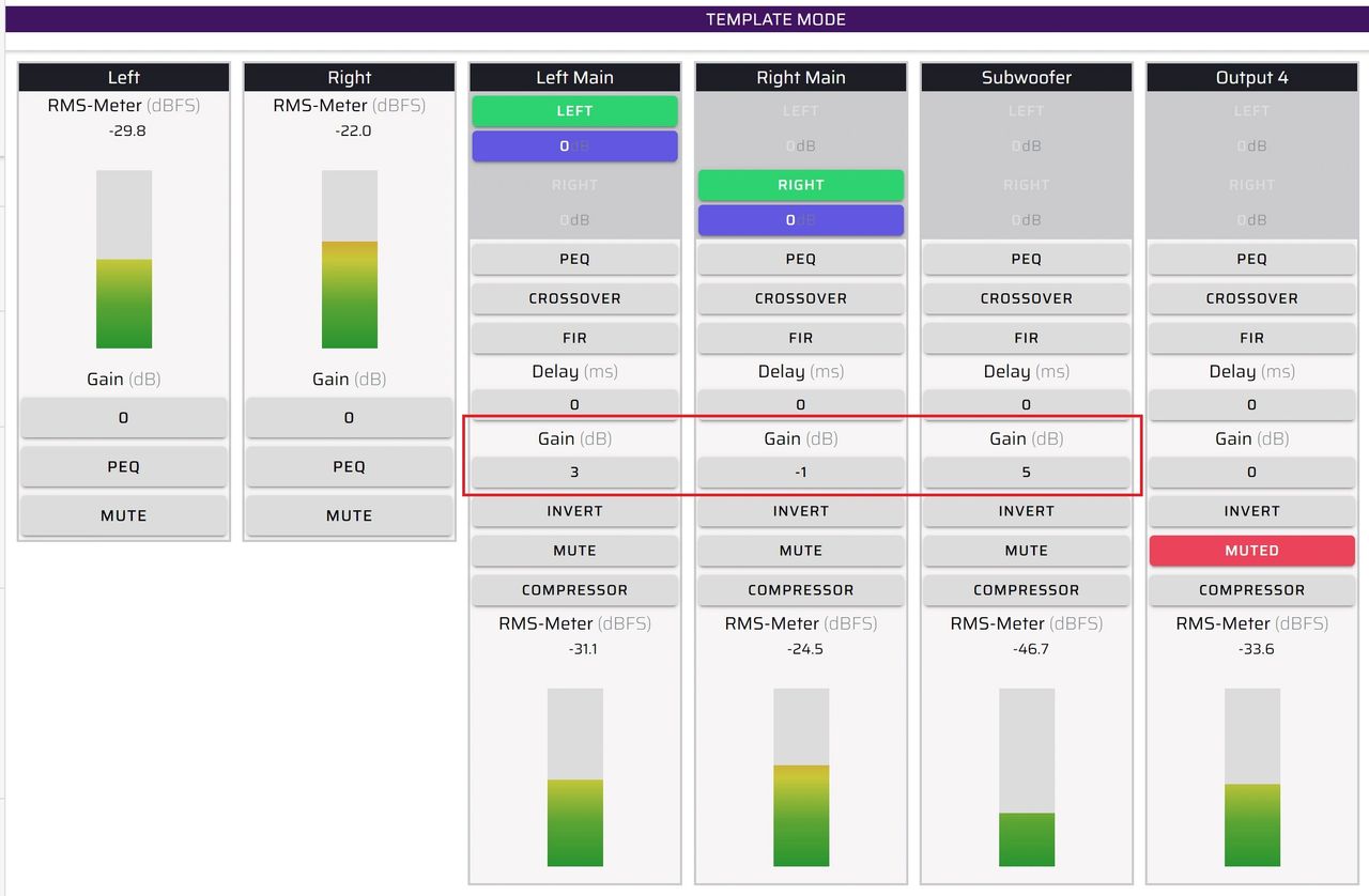 Diagram 10.  Here we use the miniDSP output page to adjust the output amplitude values