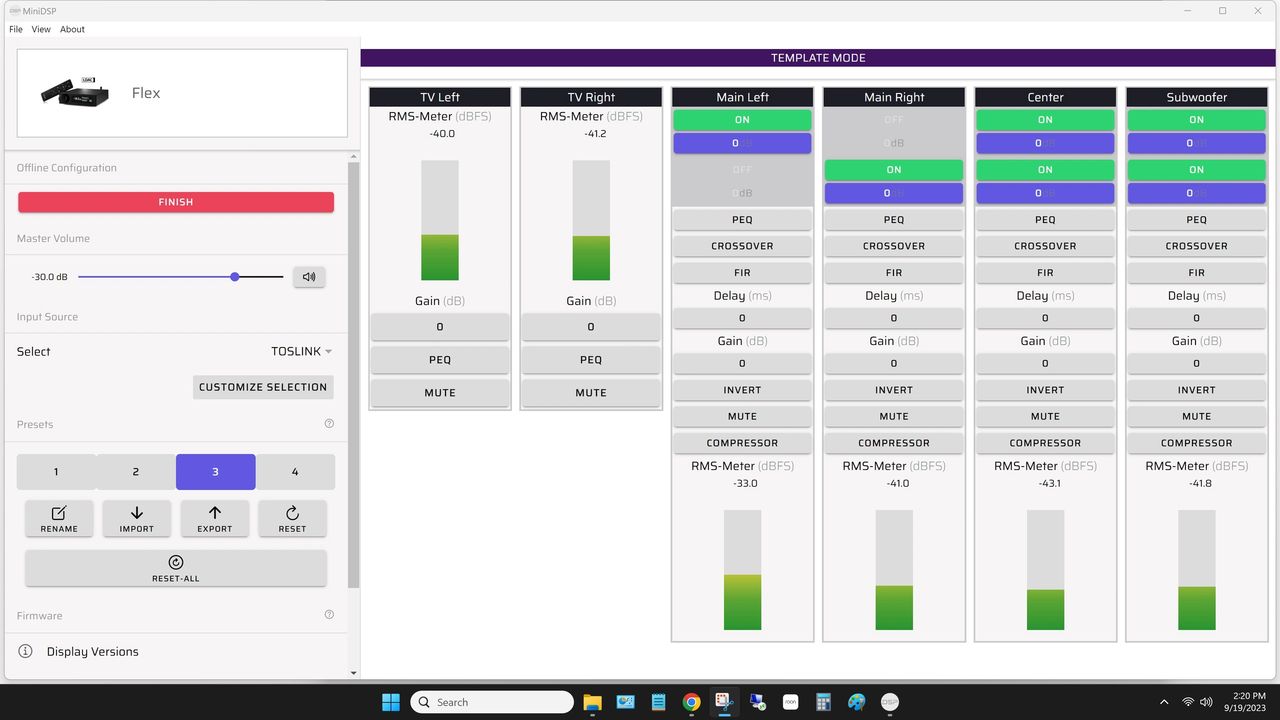 Diagram 3.  Device Console’s main page with routing matrix, crossovers and channel levels settings