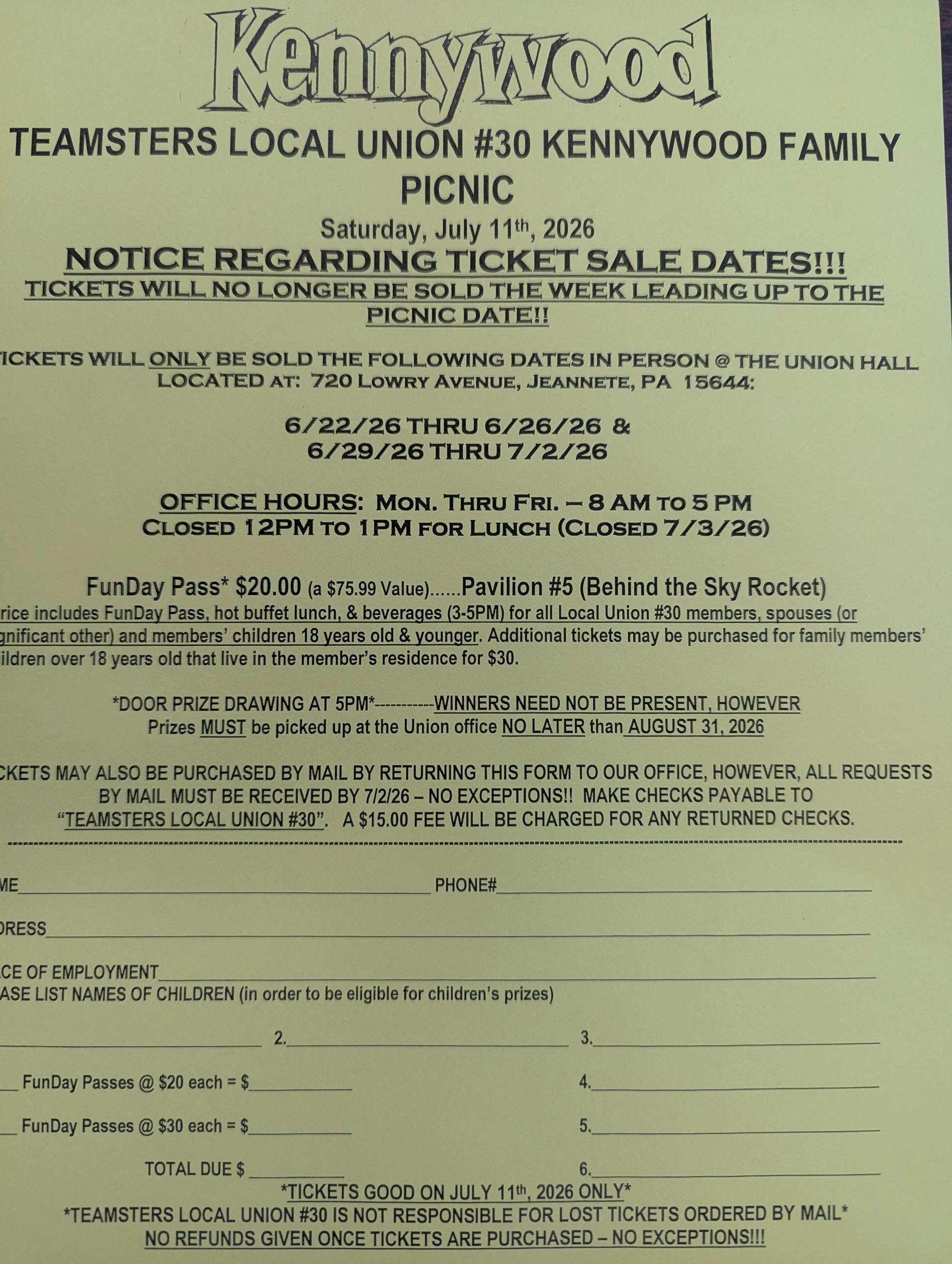 Flyer for Teamsters Local Union #30 Kennywood Family Picnic on July 11, 2026, with ticket sale details.