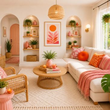 Cozy, modern living room with neutral tones and orange accents.