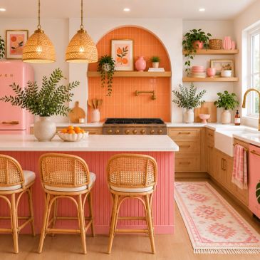 Bright pink and natural wood kitchen with green plants and woven chairs.
