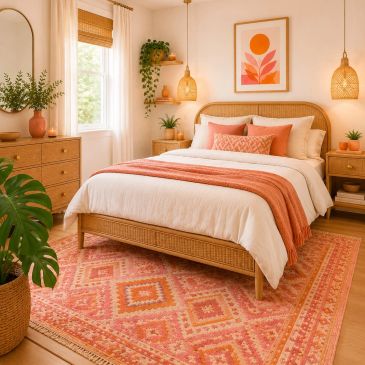 Cozy bedroom with warm orange and natural wood tones.