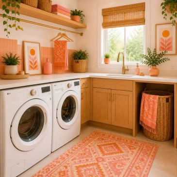 Bright laundry room with orange decor and plants.