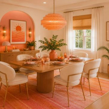 Cozy dining room with warm peach tones and modern decor.
