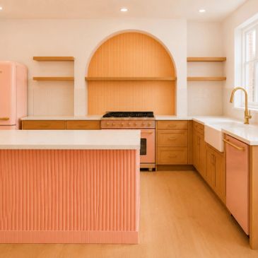 Modern kitchen with peach cabinetry and gold fixtures.