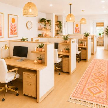 Bright, modern office space with warm wood accents and plants.