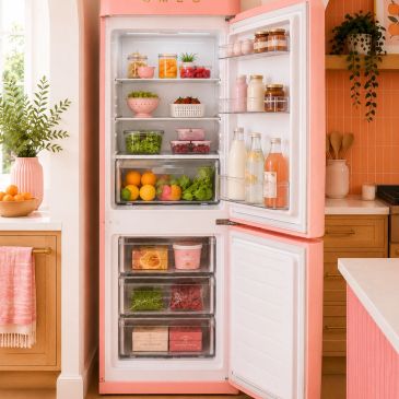 Open pink fridge filled with fresh fruits, vegetables, and drinks.