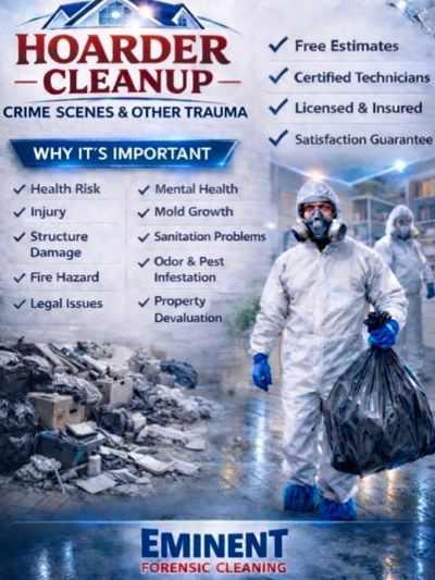 Hoarder cleanup service addressing health, safety, and legal issues with professional technicians.