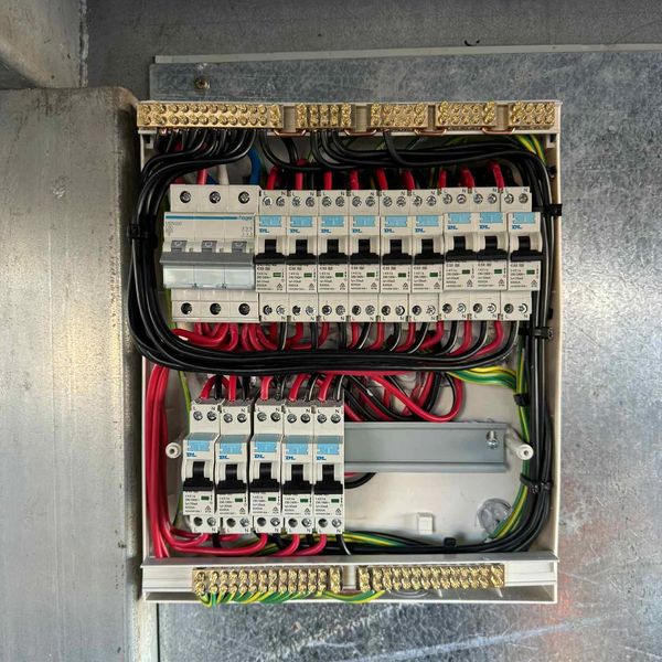 Well-organized electrical circuit breaker panel with neatly arranged wires and safety components.