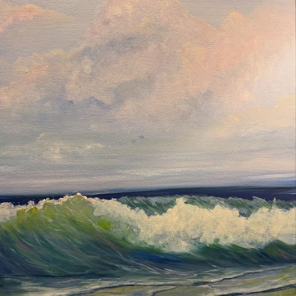 Painting of ocean waves crashing under a cloudy sky.