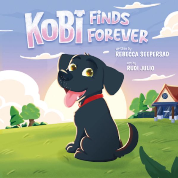 Animated black dog with red collar sitting on grass at sunset.