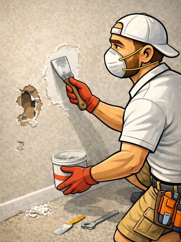 Man wearing mask and gloves repairing wall hole with putty.