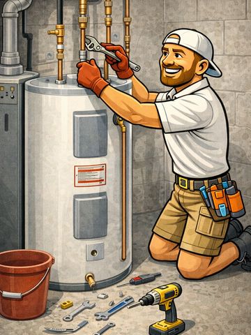 Technician fixing a water heater with tools in a basement.