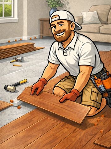 Man installing wooden flooring indoors with tools around.