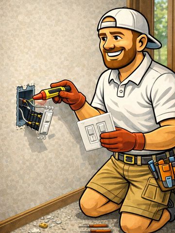Electrician repairing a wall switch with tools.