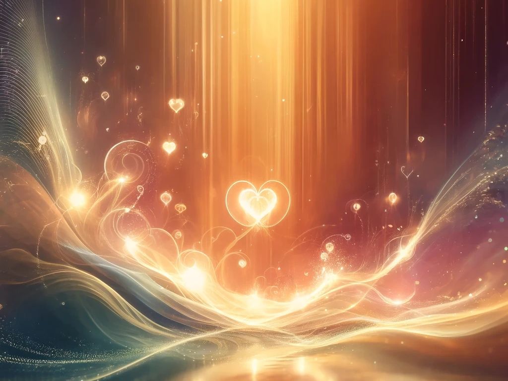 A heart in the middle of swirles of light with energy beams shining down.