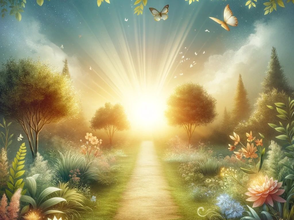 A path in the center with flowers and trees on  both sides and with butterflies and a bright light.