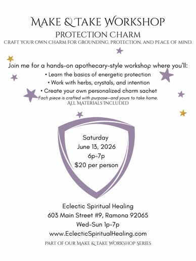 Flyer for a hands-on protection charm workshop on June 13, 2026.