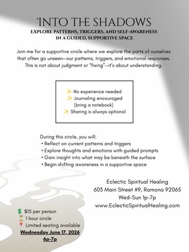 Flyer for Into the Shadows supportive circle focusing on patterns, triggers, and self-awareness.