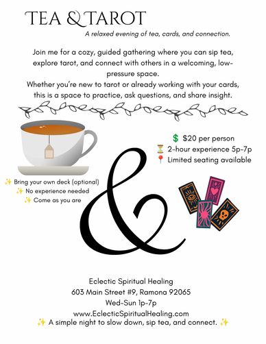 Invitation to a cozy tea and tarot gathering for all experience levels.