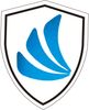 Shield emblem with three blue curved shapes.