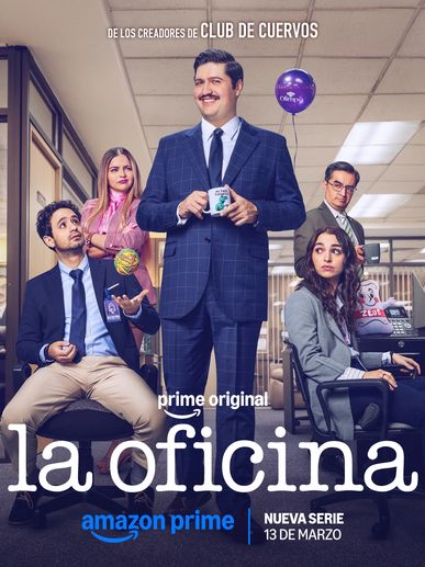 Promotional poster for Amazon Prime's new series 'La Oficina' featuring five office characters.