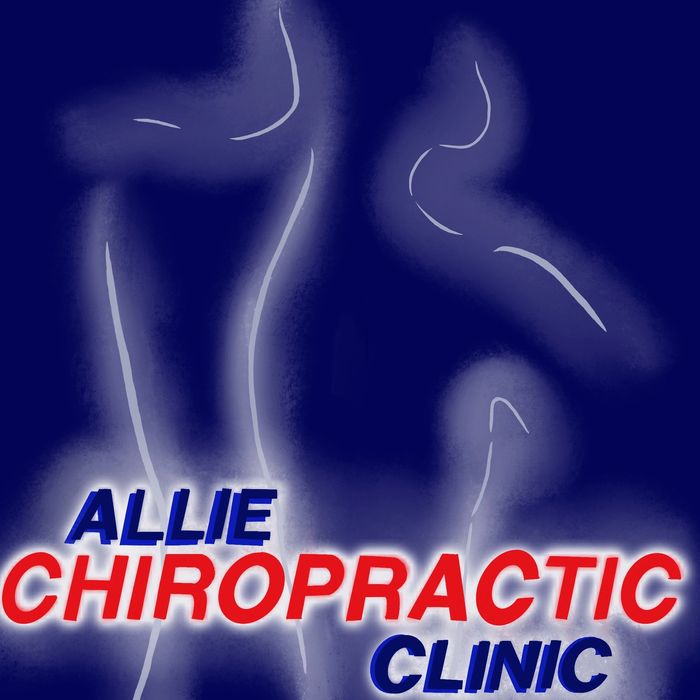 A logo, it says allie chiropractic clinic, its blue with red and white on it with outline of person