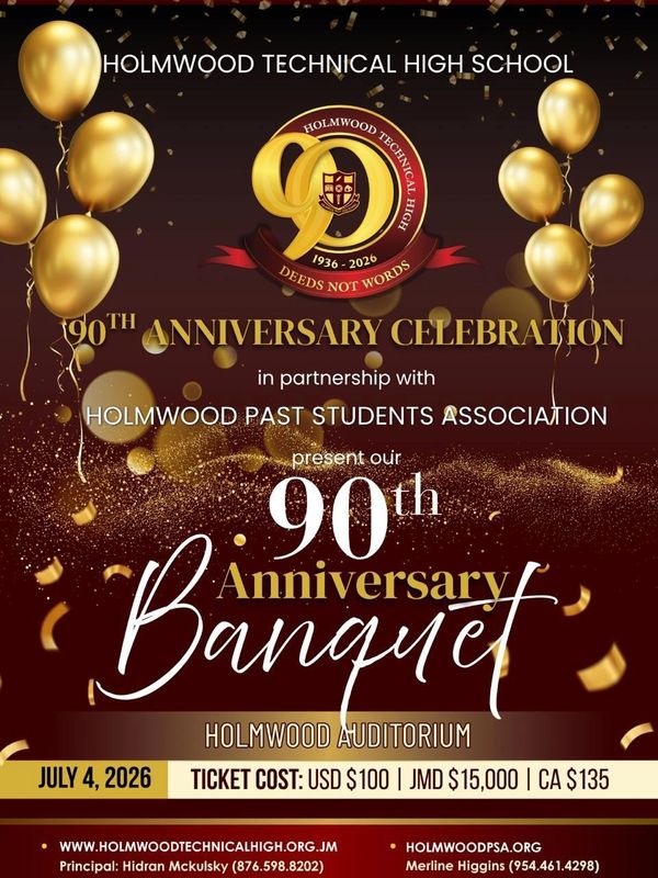90th Anniversary Banquet celebration for Holmwood Technical High School with gold balloons and confetti.