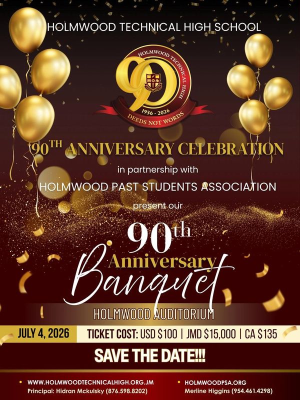 90th Anniversary Banquet celebration for Holmwood Technical High School with gold balloons and confetti.