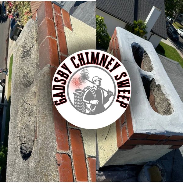 Before and after of a Cracked crowd  chimney resurfacing repair in  Westchester,California .  
