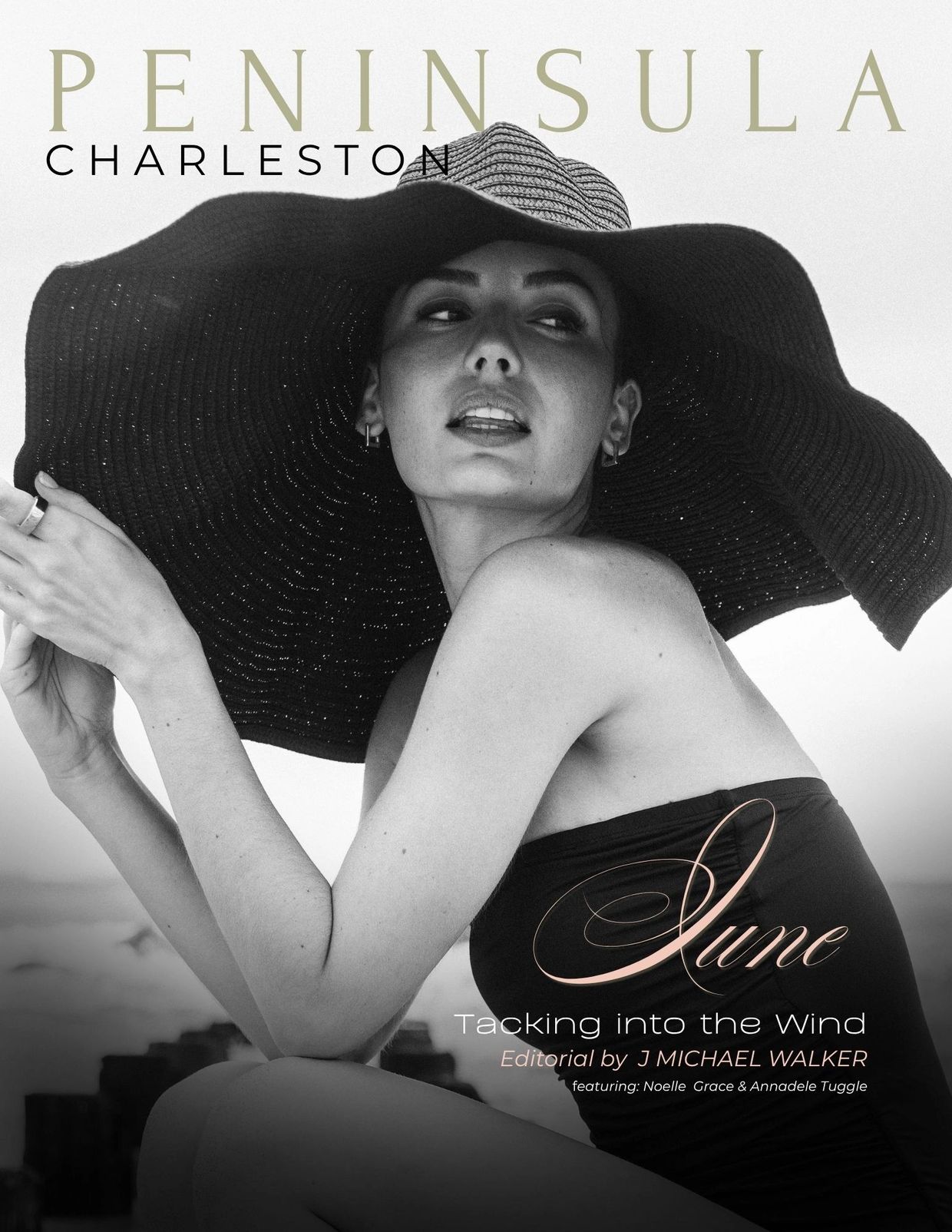Black and white portrait of a woman in a large sunhat for Peninsula Charleston.