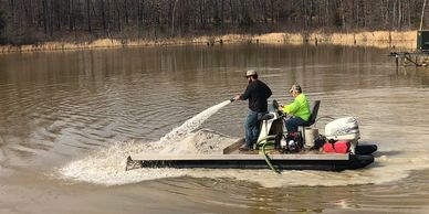 liming a pond, lime barge, Aquatic Resource Consulting, Arkansas pond stocking,pond management; Ag Lime is used to improve water quality in you pond. It helps with pond pH and alkalinity and helps to grow bigger fish. 
