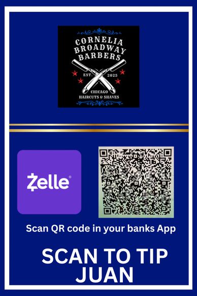 Zelle QR code for tipping Juan at Cornelia Broadway Barbers.