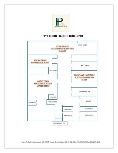 Floor plan of the 1st floor Harris Building with leased office suites and common areas.