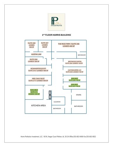 Floor plan of the 2nd floor at Harris Building showing leased and available office spaces.