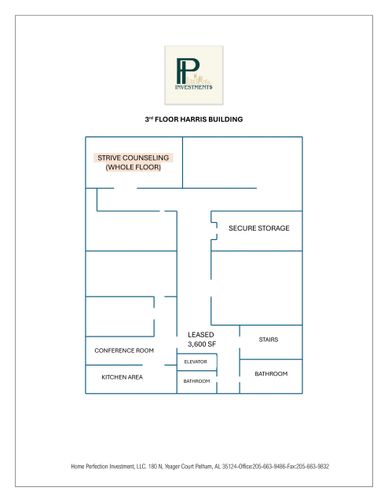 Floor plan of the 3rd floor in Harris Building showing rooms and leased space.