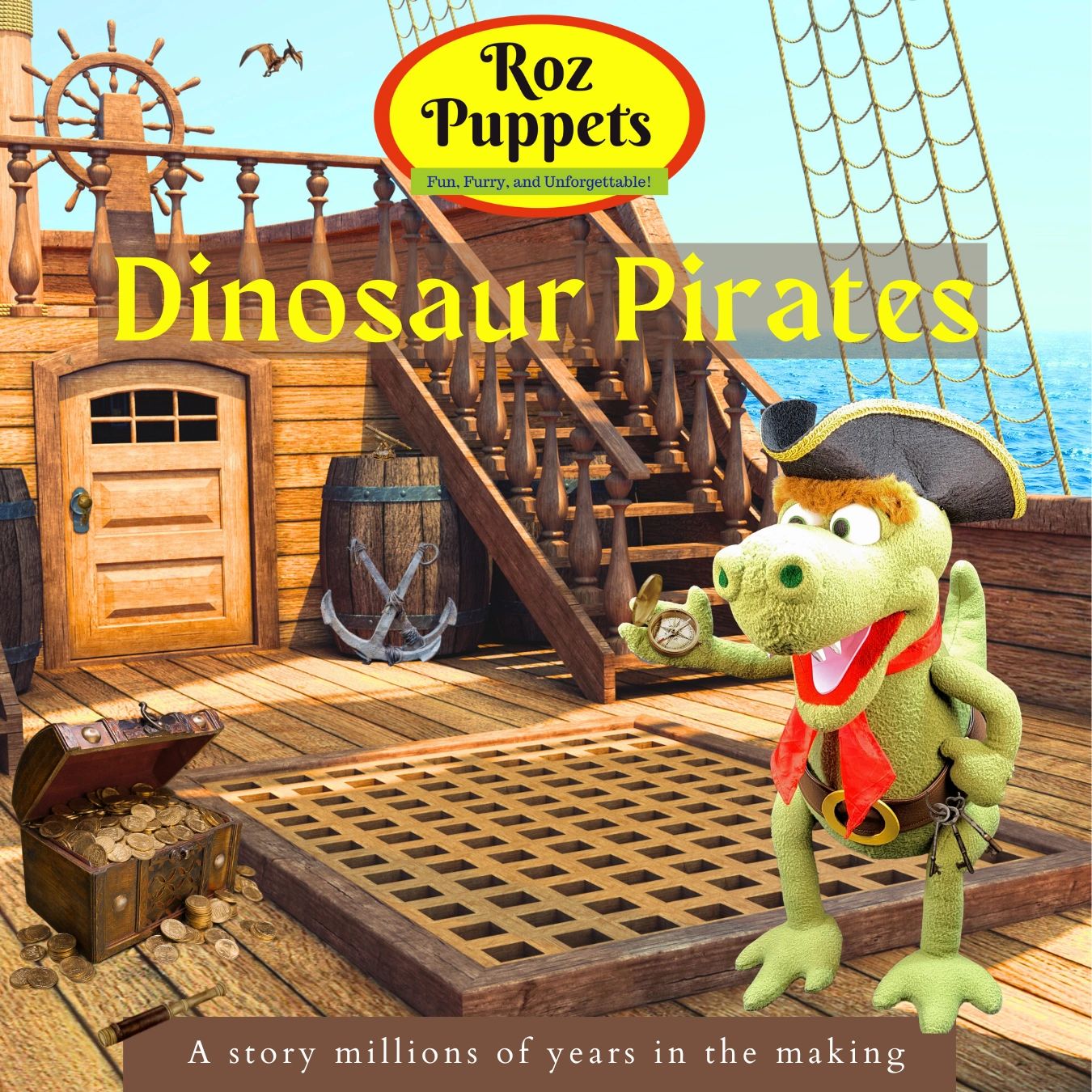Dinosaur puppet on a pirate ship