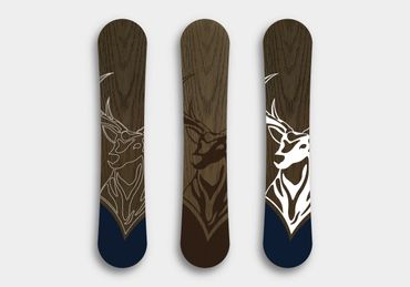 Buck snowboard design with wood background. 