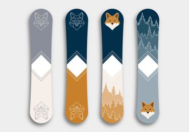Fox designs on a snowboard.