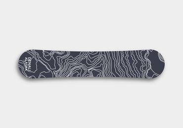 Snowboard designs with topographical maps of some US mountain ranges.
