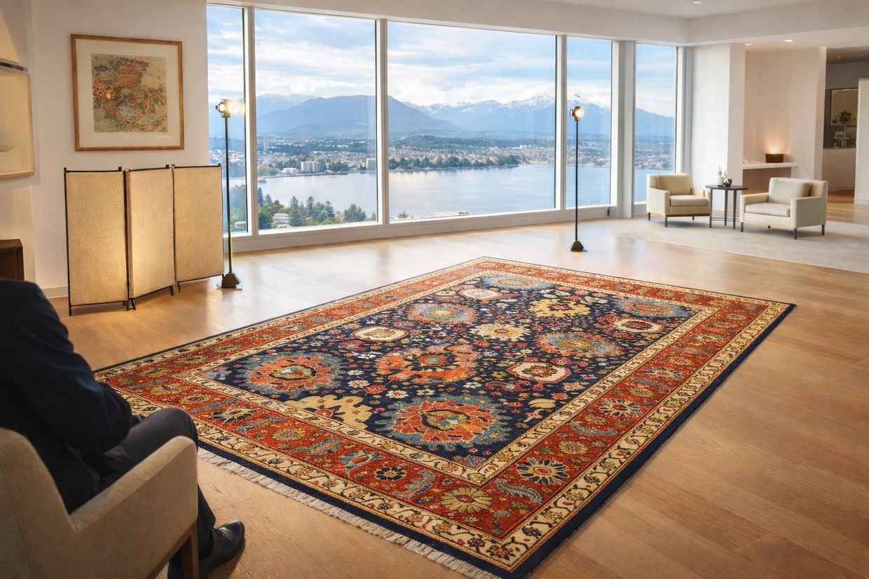 Luxury private viewing of a handmade Persian rug in a Vancouver penthouse with an ocean view